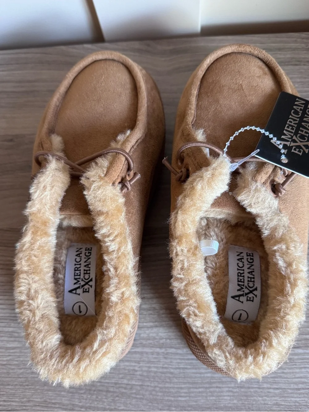 American Exchange Kids Tan Suede Slip-On Moccasins with Plush Collar